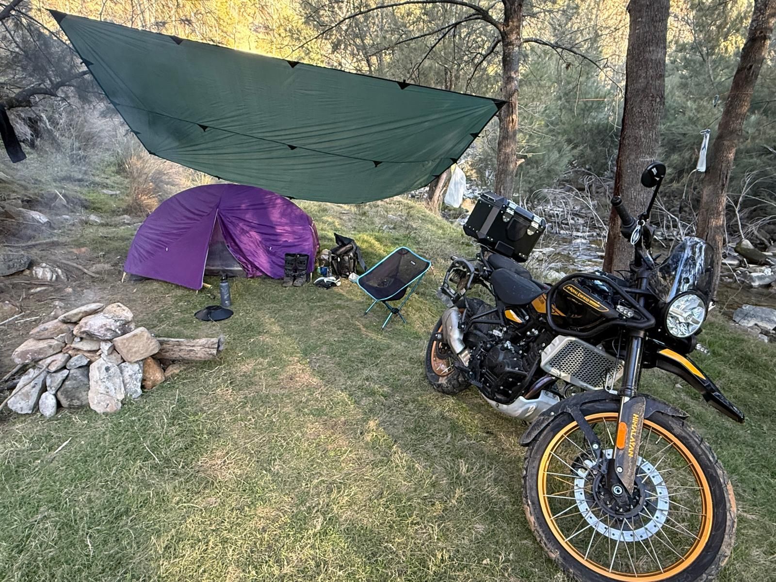 Wide · the Bridle Track camp at golden hour — purple tent, green tarp, Hunter beside